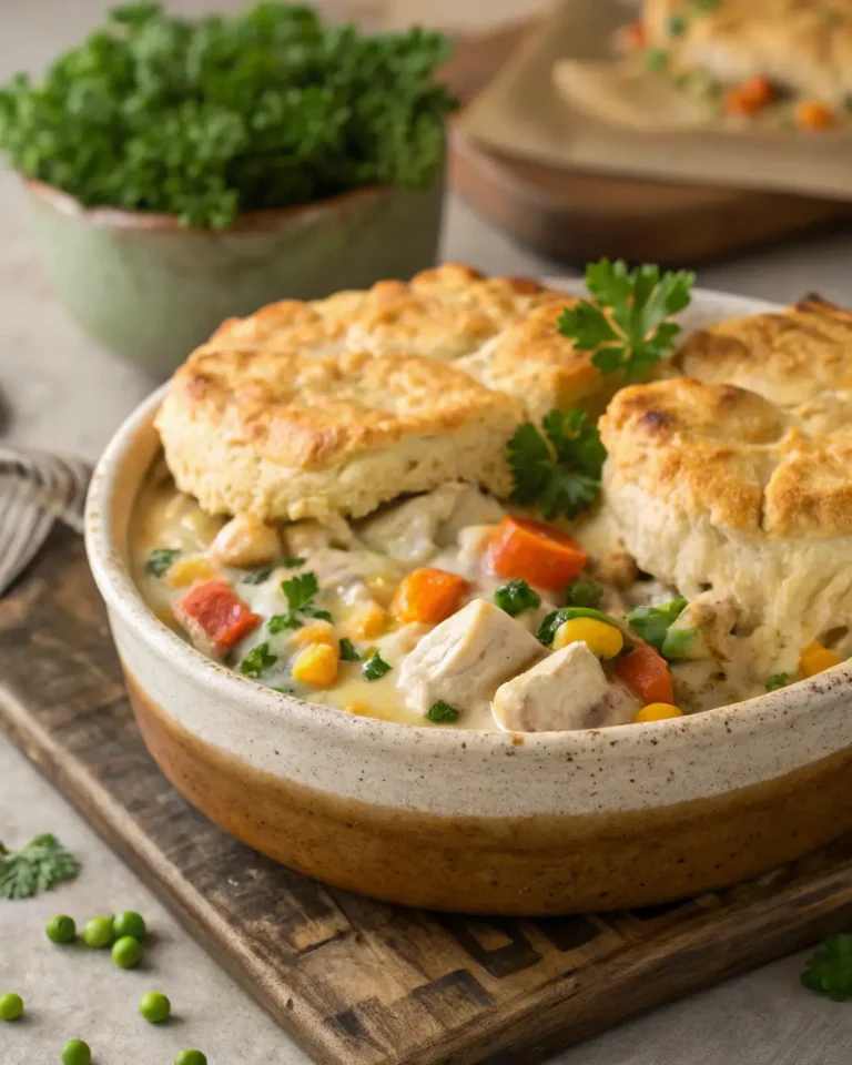 Golden chicken pot pie in red dish with green beans and mixed veggies