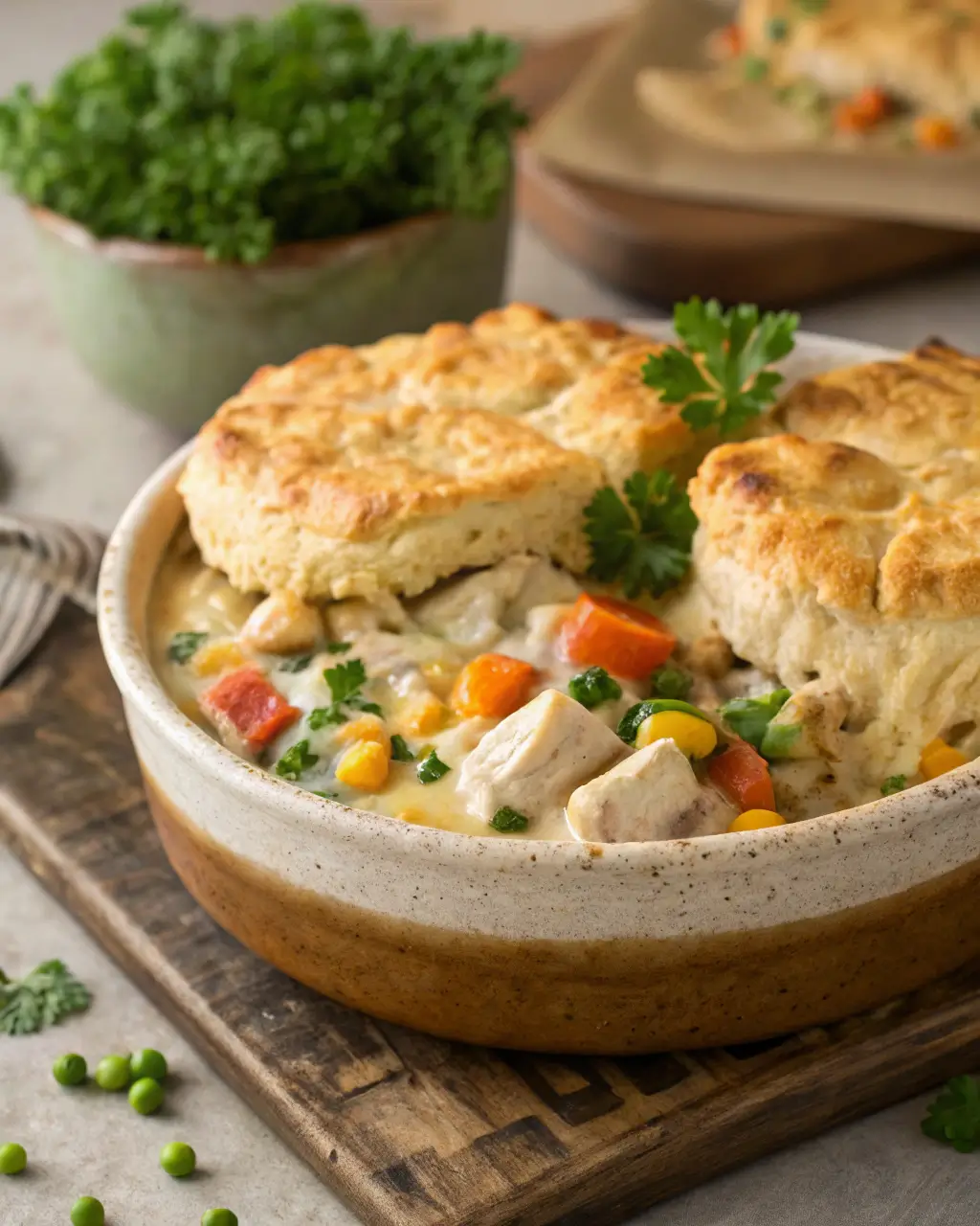 Golden chicken pot pie in red dish with green beans and mixed veggies
