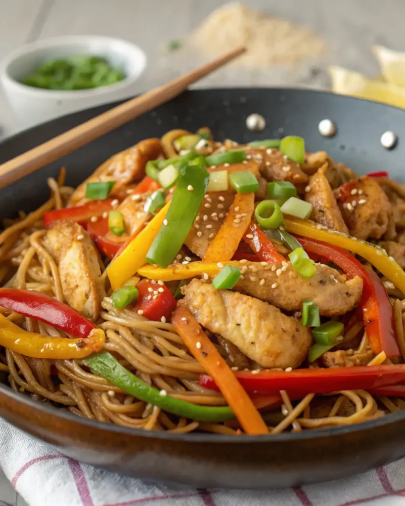 Chicken chow mein stir-fry with colorful bell peppers, carrots, green onions, and sesame seeds in a wok.