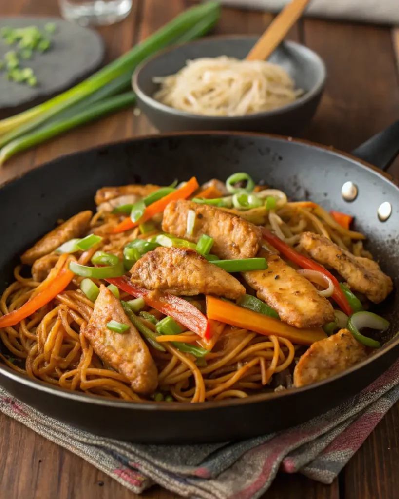 Chicken chow mein stir-fry with tender chicken strips, bell peppers, carrots, and green onions in a wok.
