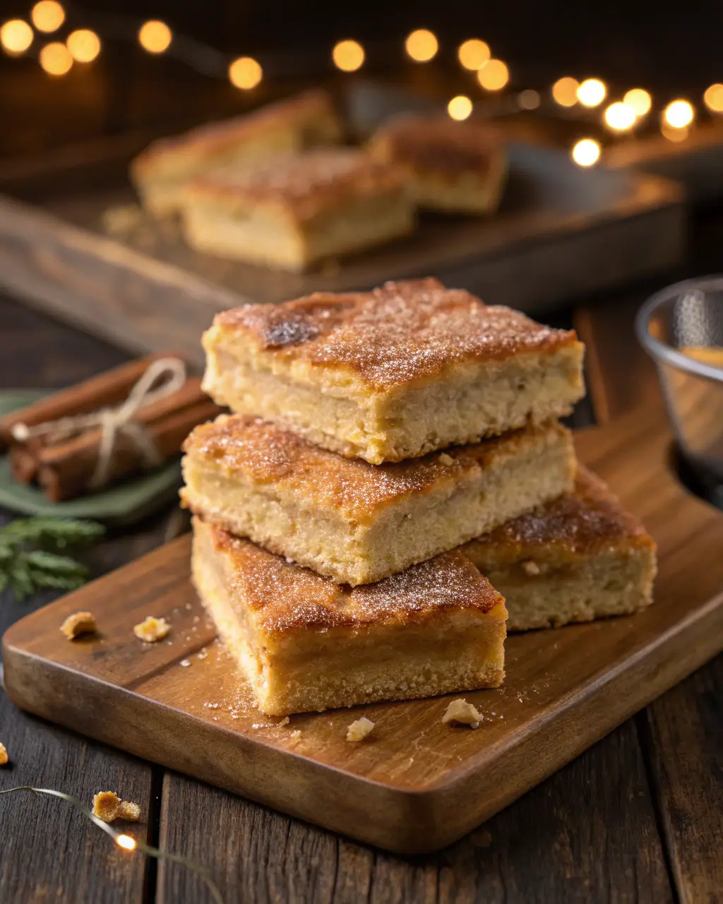 Chewy blondies stacked on a wooden board with cinnamon sugar topping