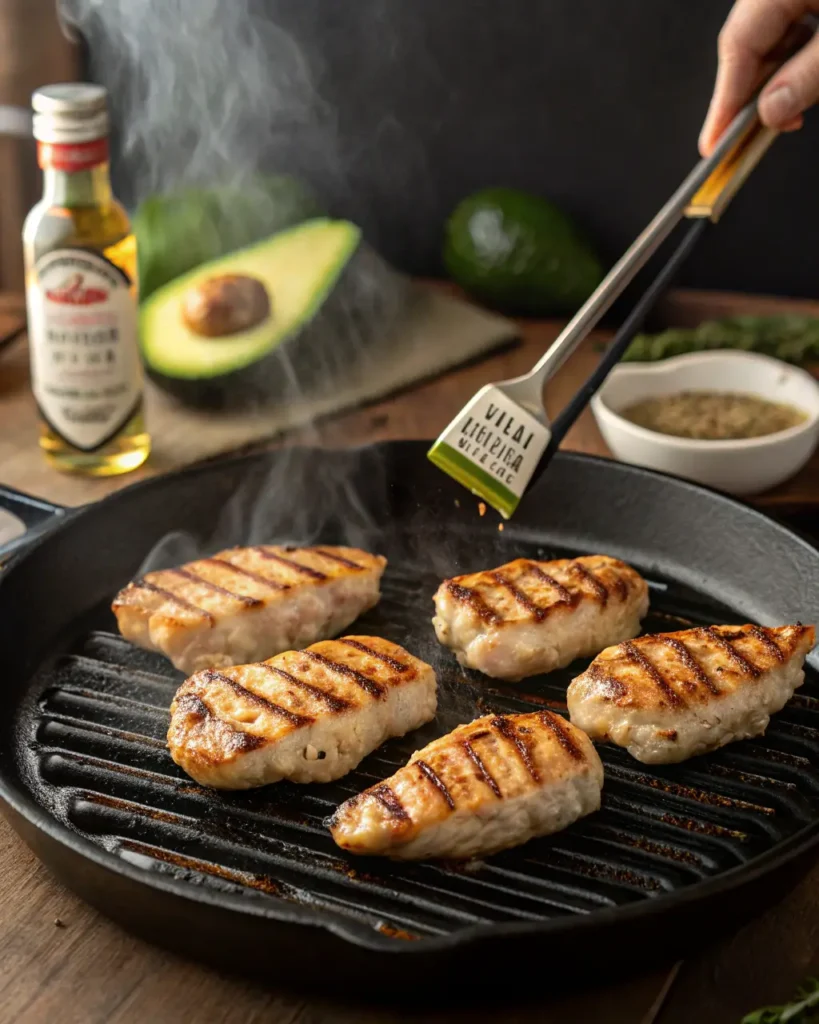 Chicken nuggets cooking on a grill pan with visible sear marks and rising steam.