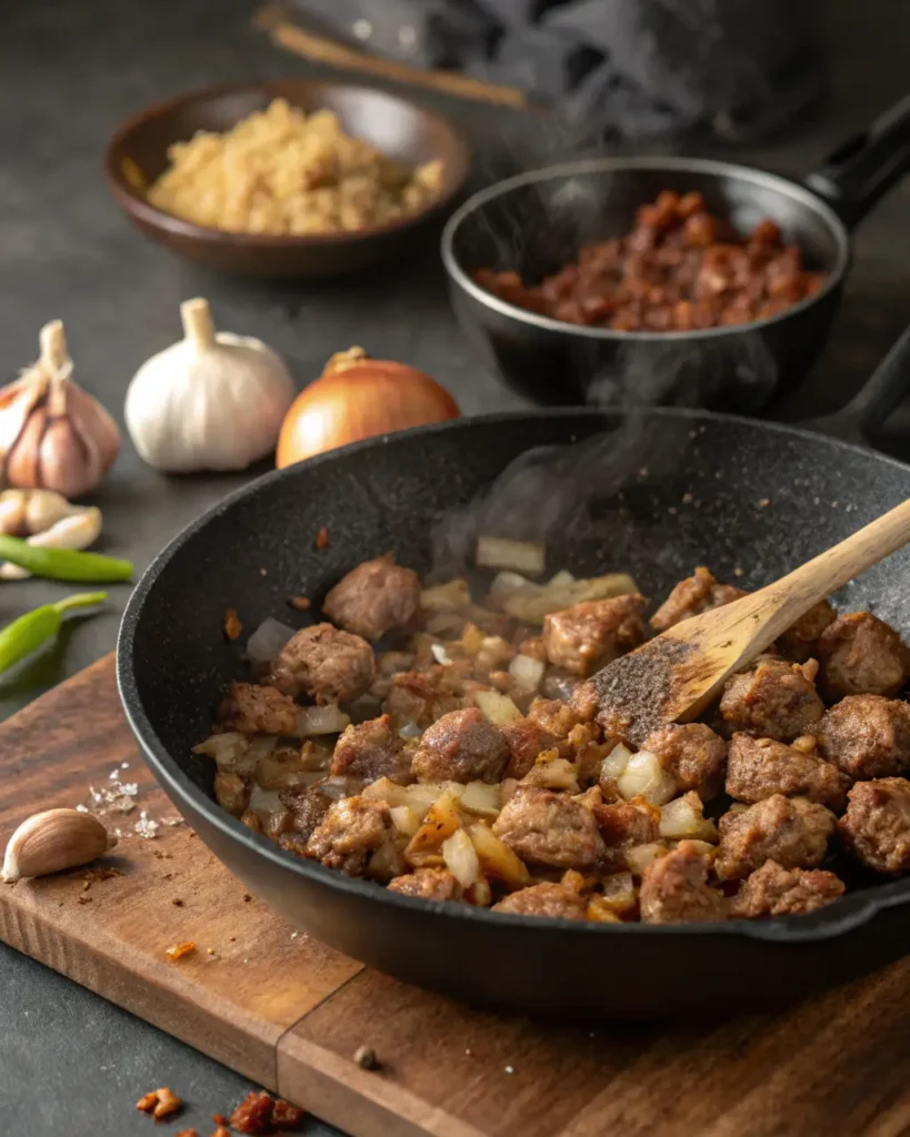 Ground meat and onions browning in a skillet for chili