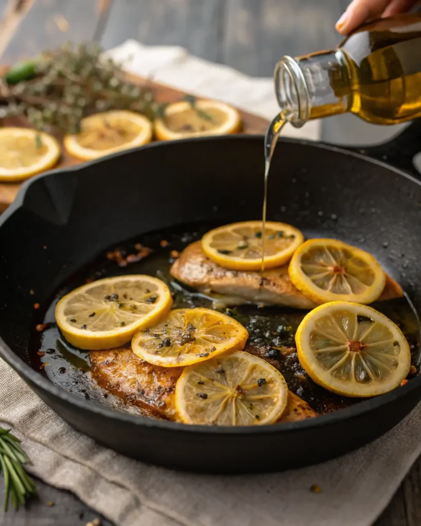 Branzino fillets cooking in a skillet with lemon slices as olive oil is being poured.