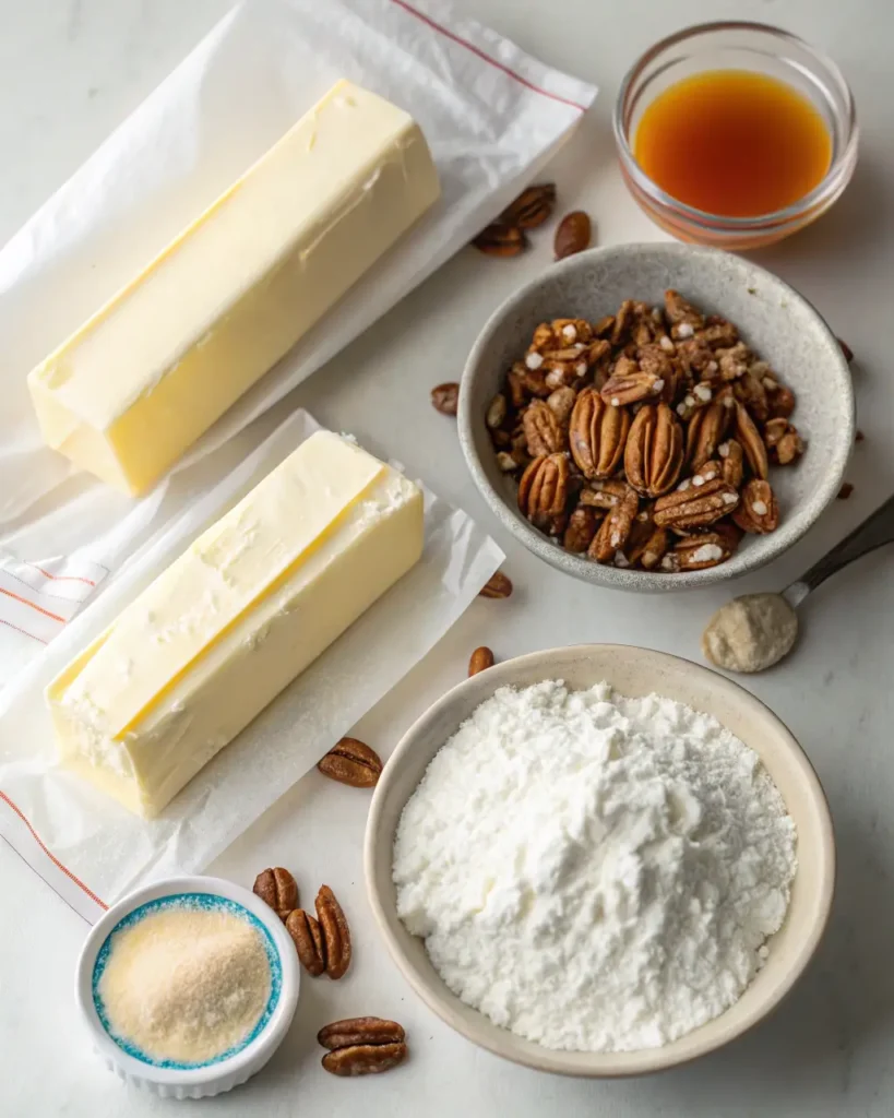 Butter, powdered sugar, pecans, vanilla extract, and cream cheese for carrot cake frosting