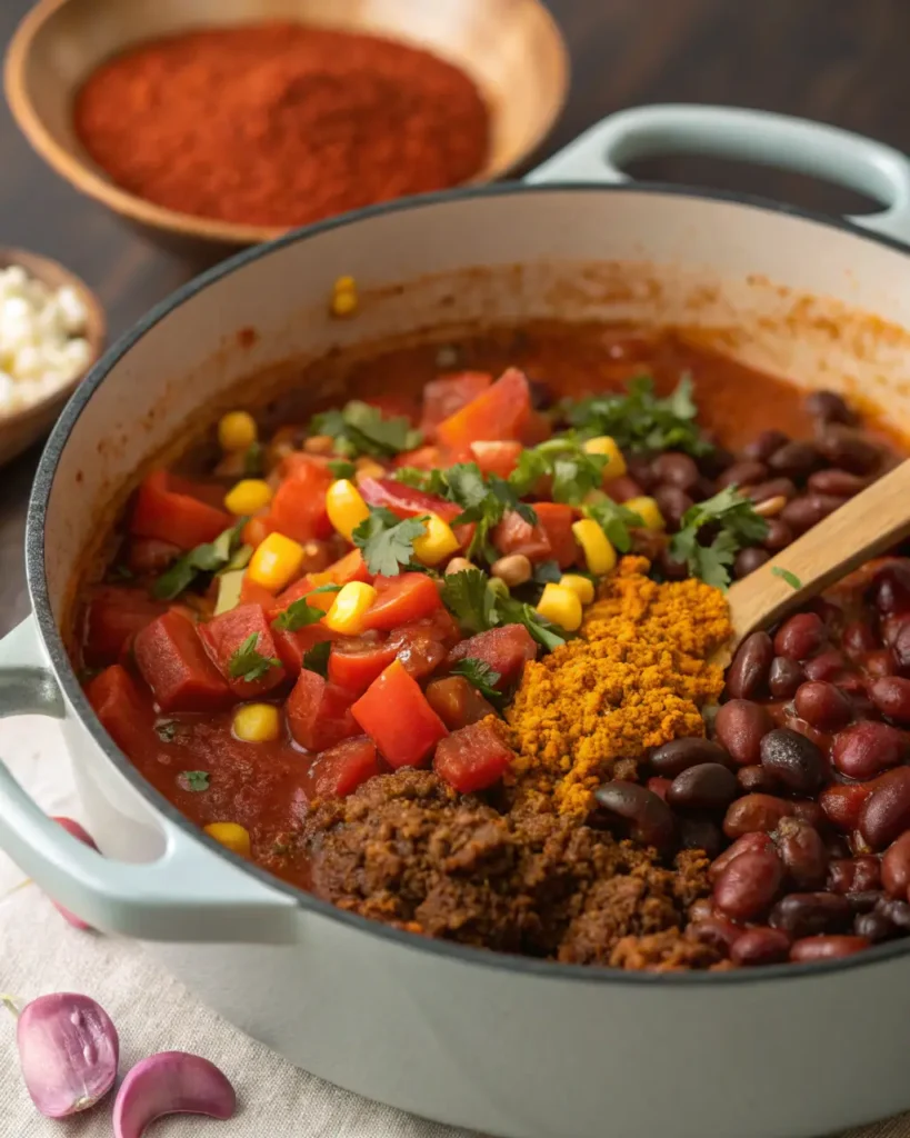 A pot with ground beef, beans, tomatoes, corn, and chili spices ready to be stirred.