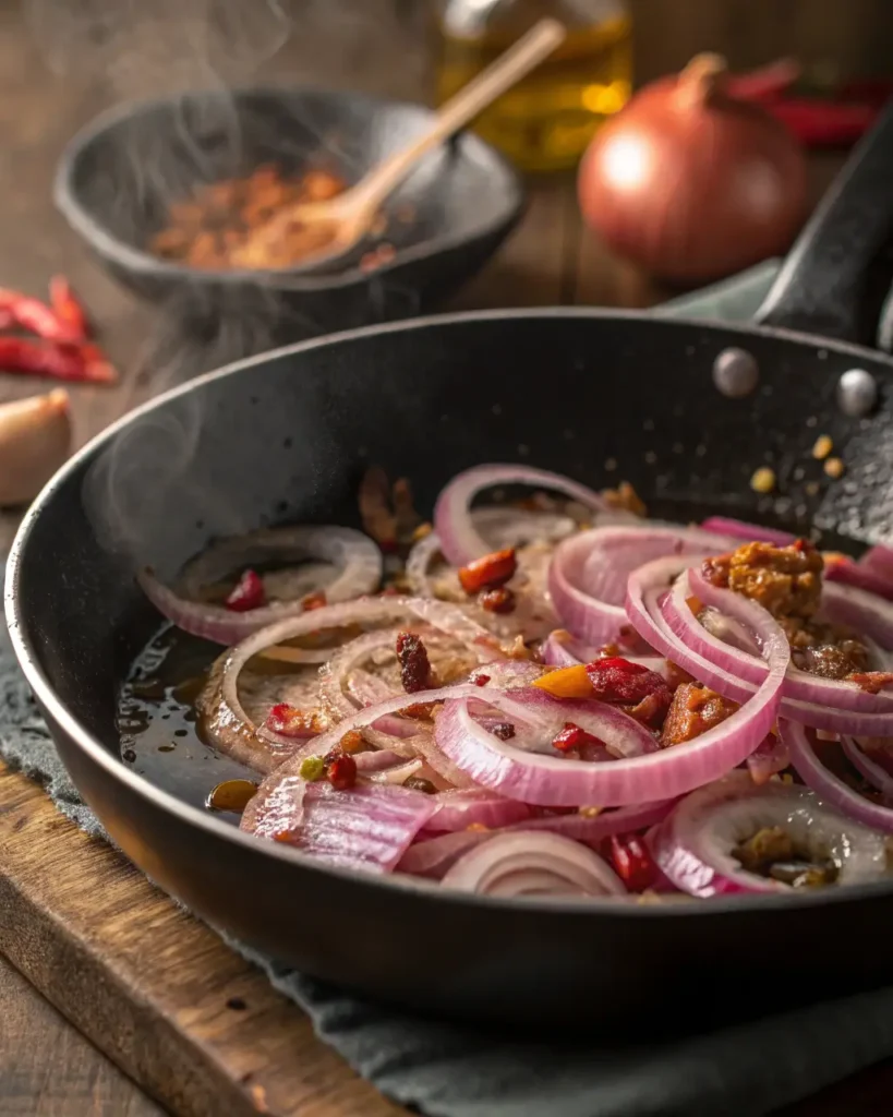 Sliced red onions sautéing with spices and oil in a black skillet.