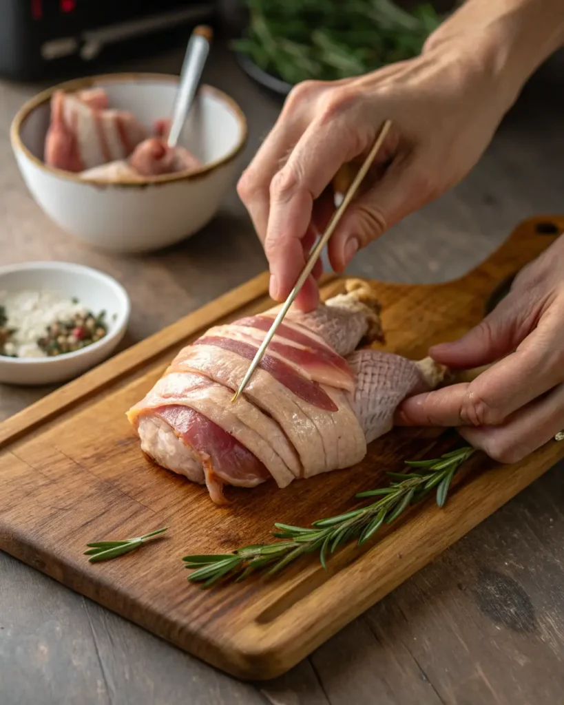 Hands wrapping raw quail with bacon and securing it with a skewer on a cutting board.