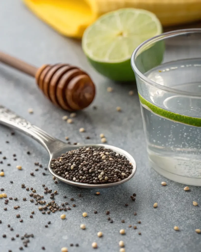 Spoon of black chia seeds next to lime and honey dipper for chia seed water recipe