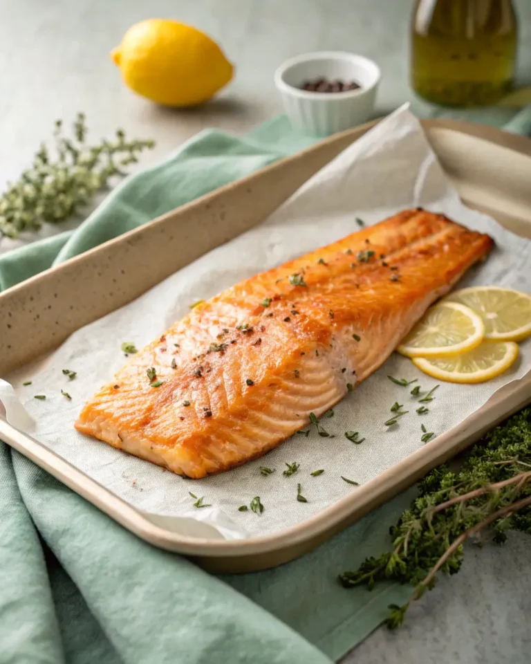 Oven-baked steelhead trout fillet garnished with herbs and lemon slices on a tray.