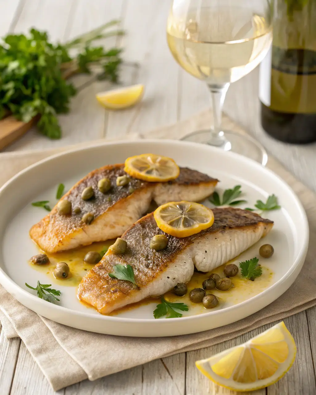Two seared branzino fillets with lemon slices, capers, and parsley served alongside a glass of white wine.