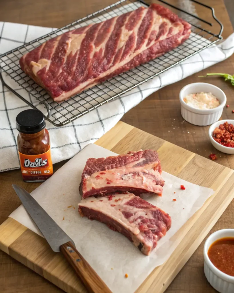 Raw beef short ribs being prepped with rubs and hot sauce on a wooden board.