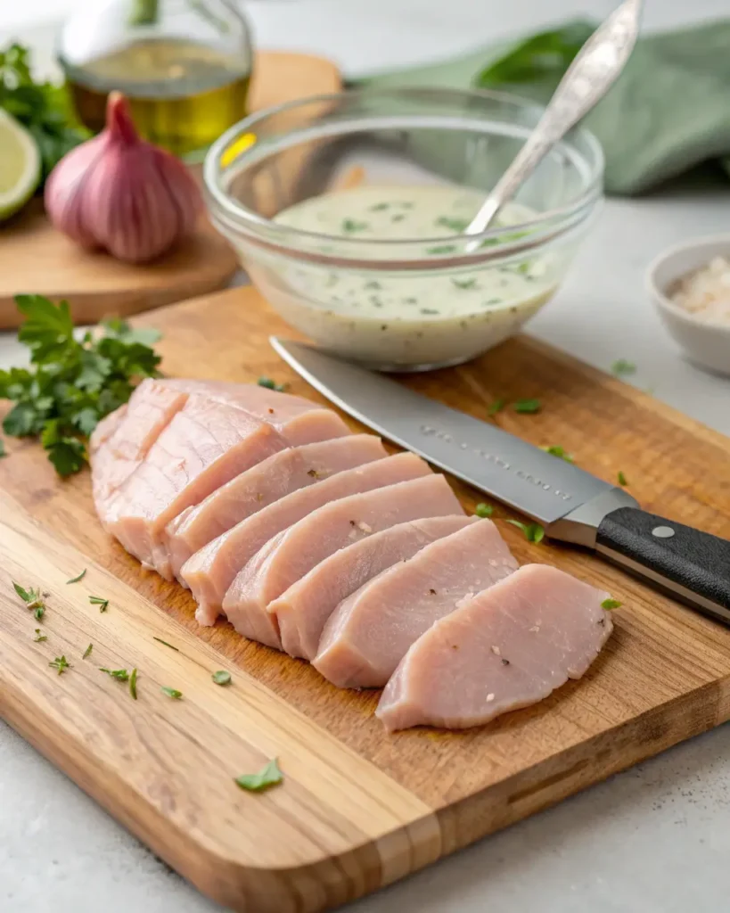 Sliced raw chicken breasts on a cutting board beside a bowl of creamy herb marinade.