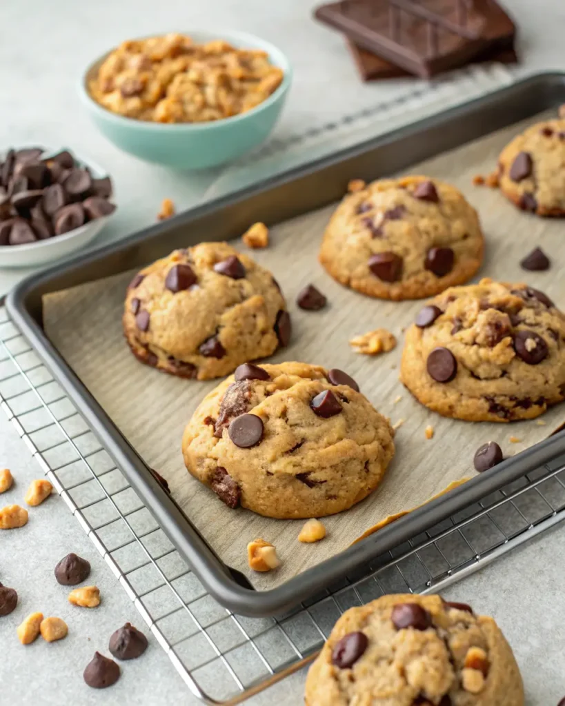 Homemade Chocolate Chip Cookies Recipe: Freshly baked chocolate chip cookies with walnuts cooling on a baking tray lined with parchment paper.