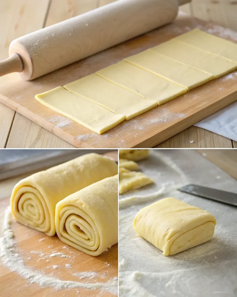 Laminated Gipfeli dough being folded, rolled, and cut on a floured surface.