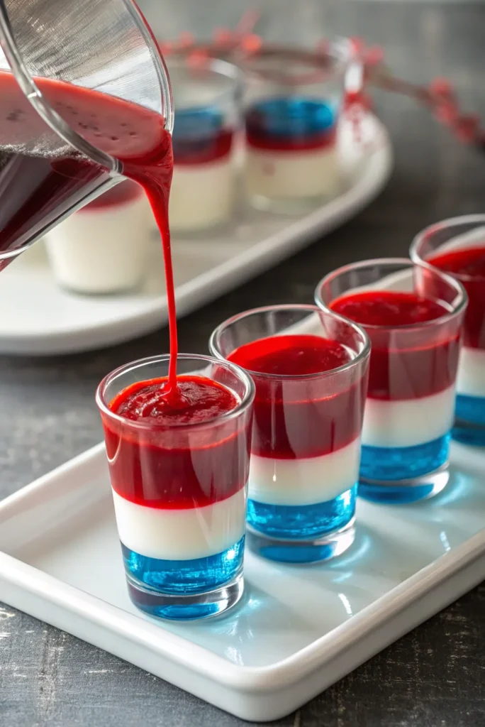 Red Jello layer being poured into shot glasses over blue and white layers