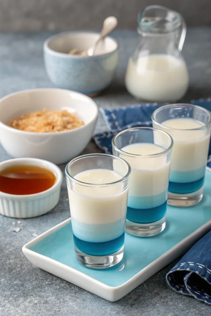 Blue and white layered Jello shots in clear glasses on a tray