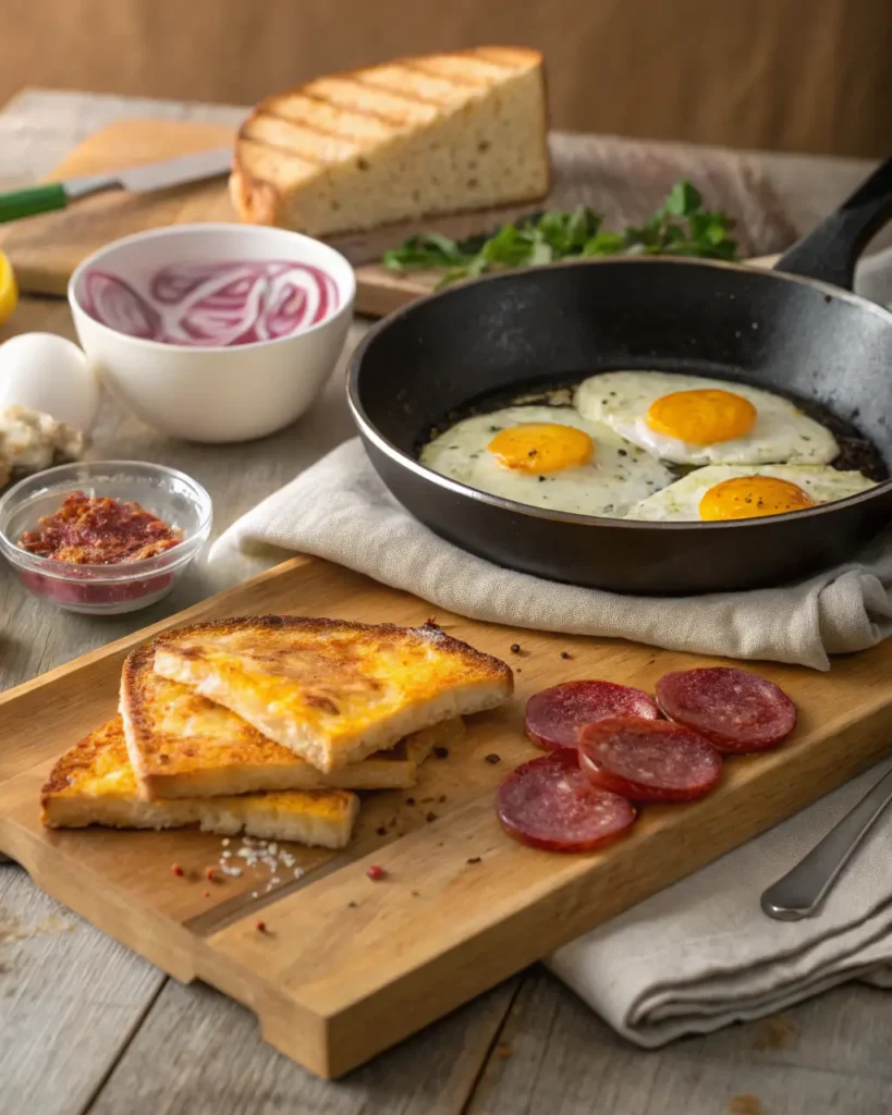 Mangu con los Tres Golpes Fried eggs in a skillet with grilled cheese,
