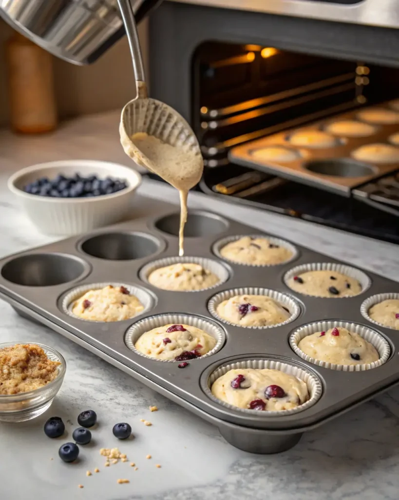 Muffin batter with berries being poured into a lined tin, ready to go into the oven.