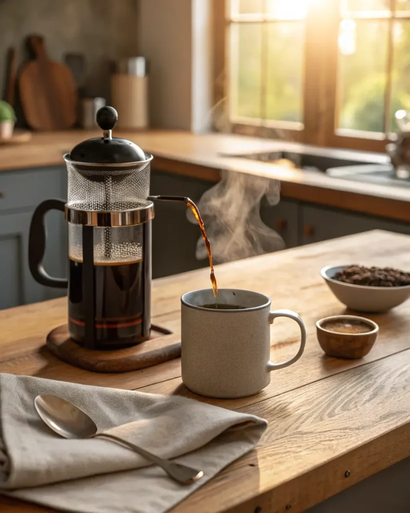 Freshly brewed coffee pouring from a French press into a mug on a sunlit kitchen counter.