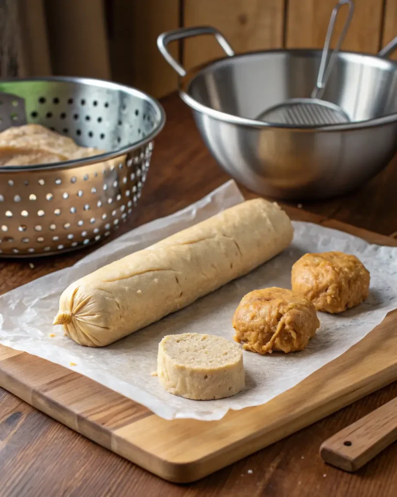 Uncooked and shaped seitan dough resting on parchment paper beside mixing bowls.