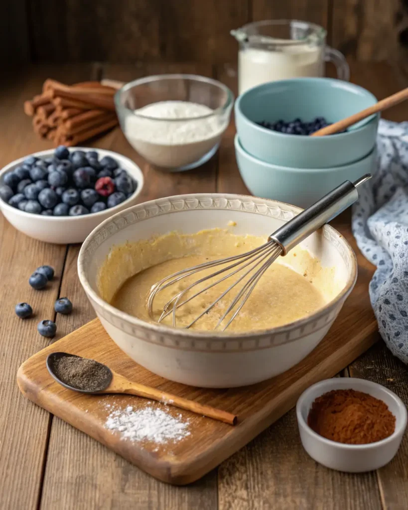 A bowl of muffin batter with a whisk surrounded by baking ingredients like blueberries and cinnamon.