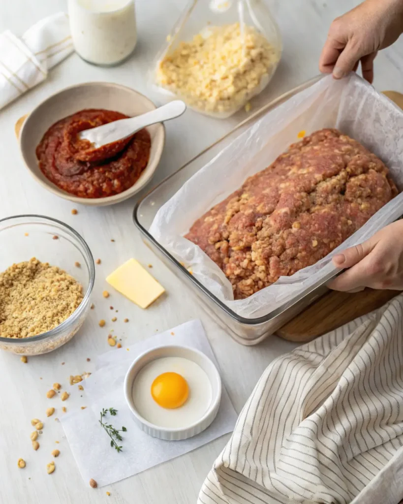 easy meatloaf recipe with crackers Hands preparing a raw meatloaf mixture in a lined glass baking dish with ingredients nearby.