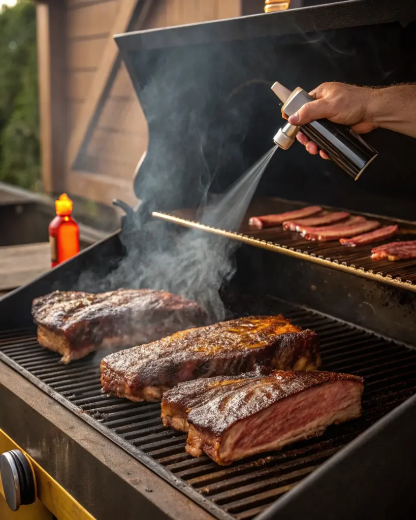 Smoked beef short ribs being spritzed with vinegar on a pellet grill mid-cook