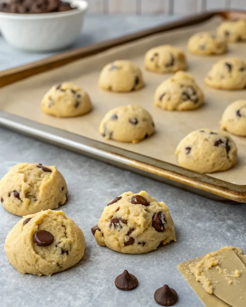 Unbaked chocolate chip cookie dough balls on parchment paper ready for baking