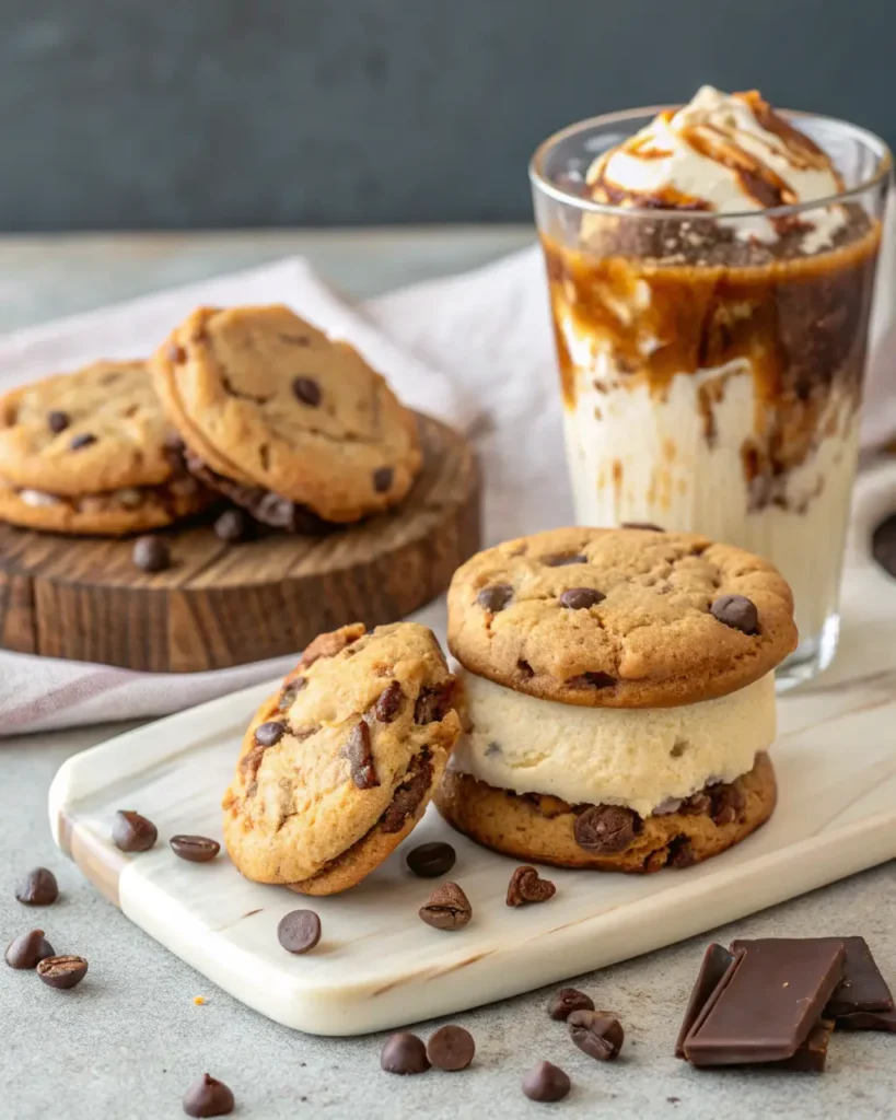 homemade chocolate chip cookie ice cream sandwich with chocolate chips and whipped cream coffee