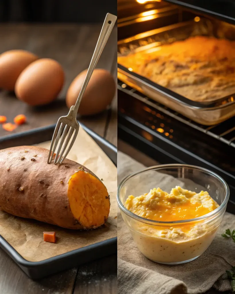 Sweet potato being roasted and mashed next to cornbread baking in the oven.