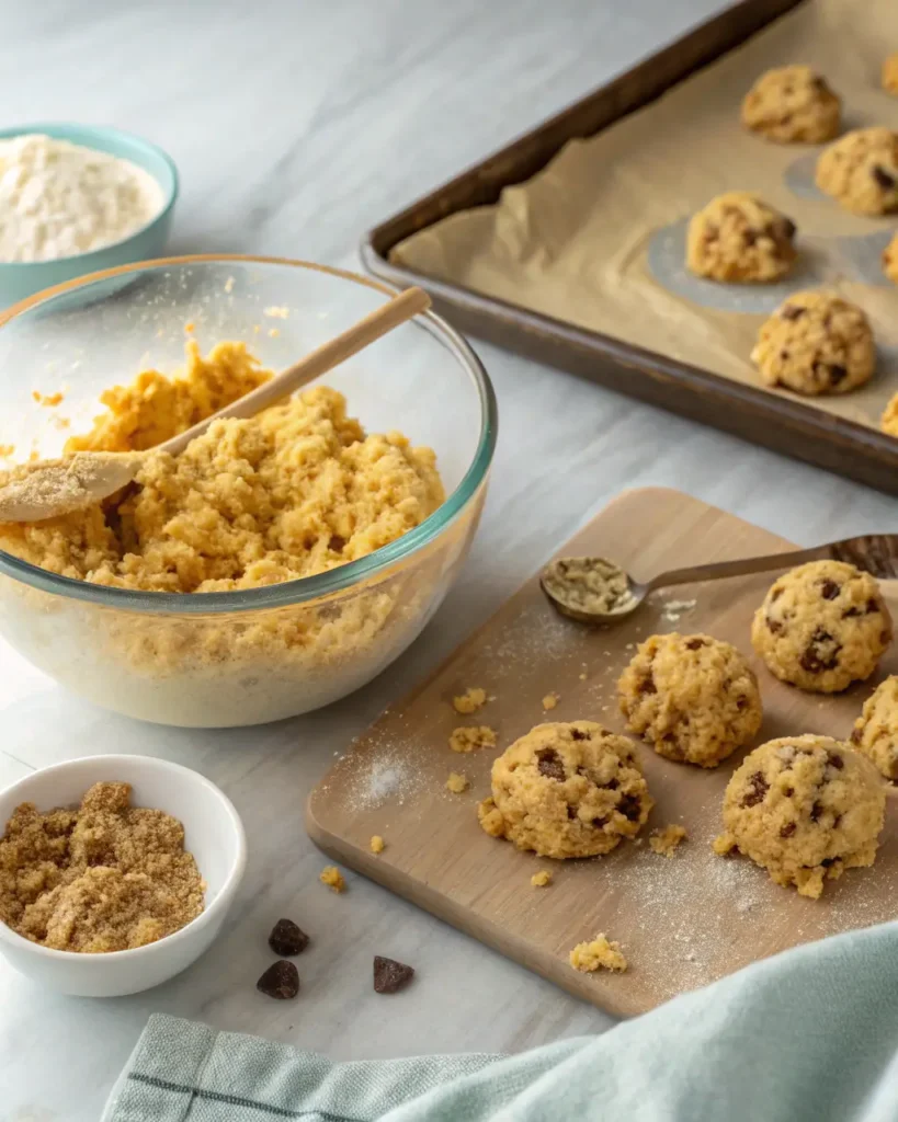 Scooped chocolate chip cookie dough and crumble topping ready on a baking tray.