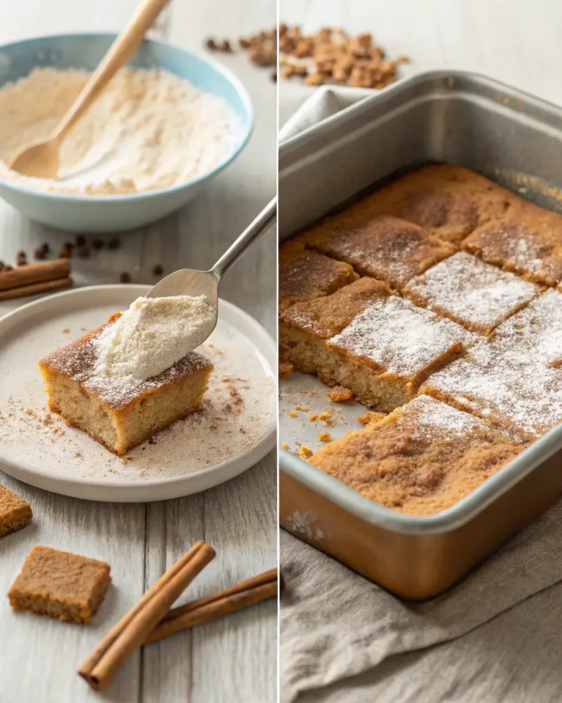 Cinnamon sugar being sprinkled over freshly baked blondie recipe, with golden blondies resting in the baking pan.