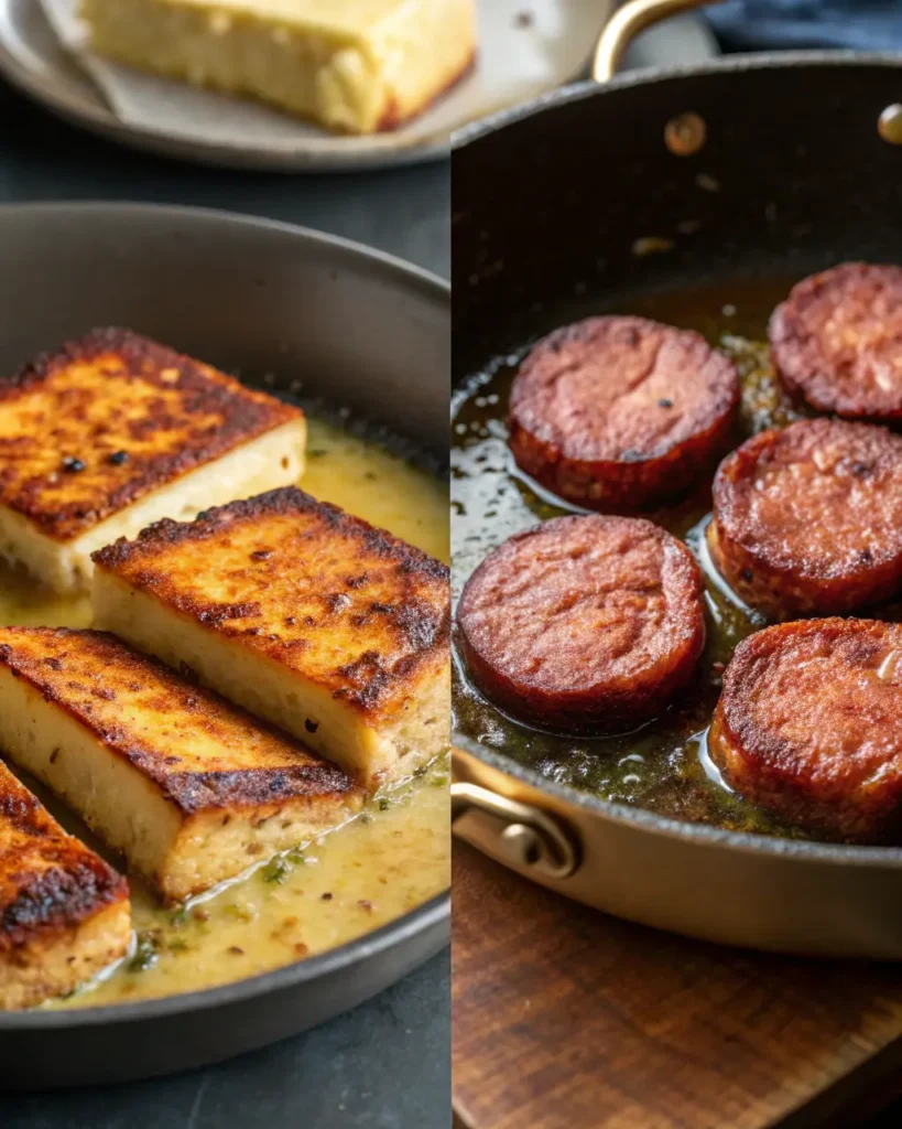 Frying Dominican queso de freír and salami in hot oil until golden and crispy is essential for the perfect mangu con tres golpes—each bite should deliver that signature savory crunch.