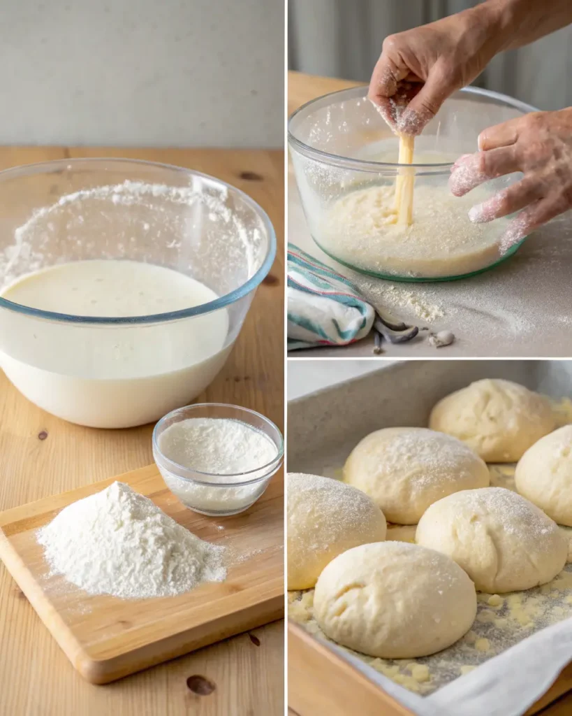 Steps of preparing Gipfeli dough: mixing, stretching, and resting before shaping.