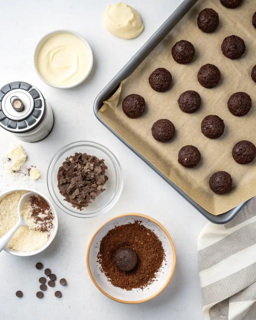 Rolling dark Oreo balls in crumbs and preparing them for dipping on a tray.