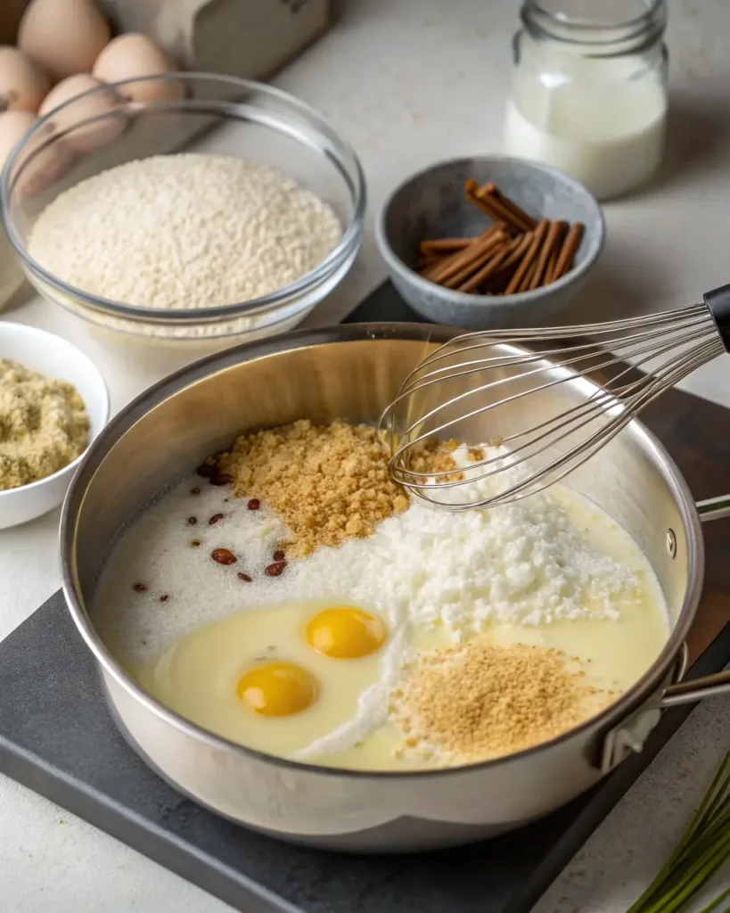 Mixing eggs, milk, sugars, and rice in a pot with a whisk, preparing the base for Irish rice pudding.