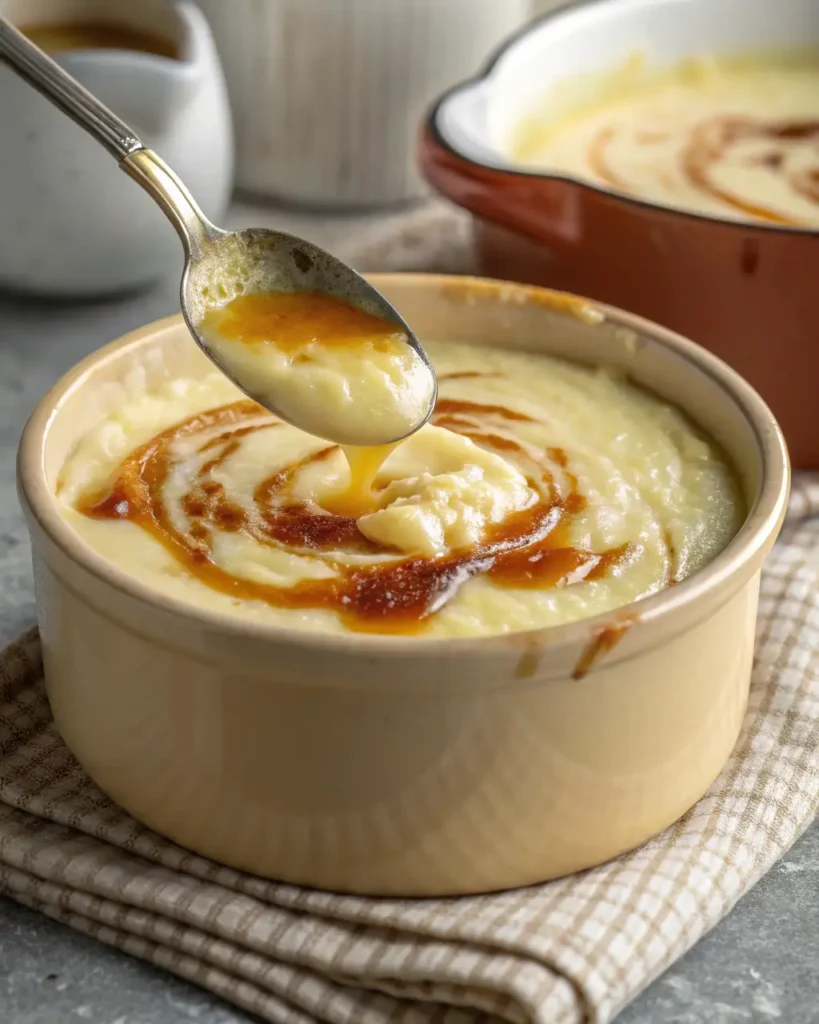 Creamy Irish rice pudding in a ramekin with swirls of melted butter and cinnamon on top, spoon lifting a spoonful.