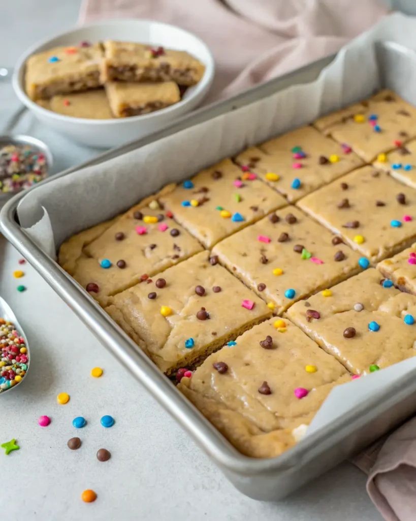 Baked funfetti blondies in a parchment-lined pan, cut into thick squares with colorful sprinkles and chocolate chips on top.