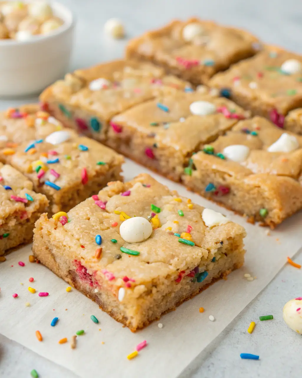 Thick and chewy funfetti blondies with white chocolate chips and colorful jimmies sprinkles on parchment paper.