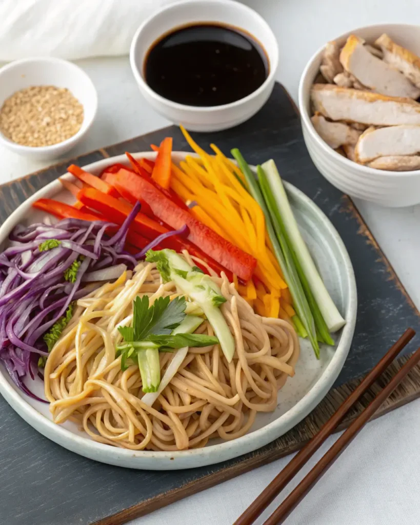Cooked chow mein noodles, sliced red and yellow bell peppers, shredded purple cabbage, scallions, and cooked chicken with chow mein sauce.