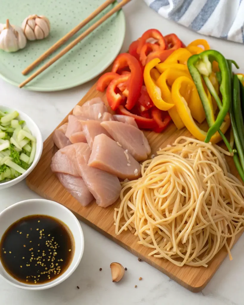 Raw chicken strips, chow mein noodles, sliced bell peppers, green beans, garlic, and soy-based chow mein sauce on a cutting board.