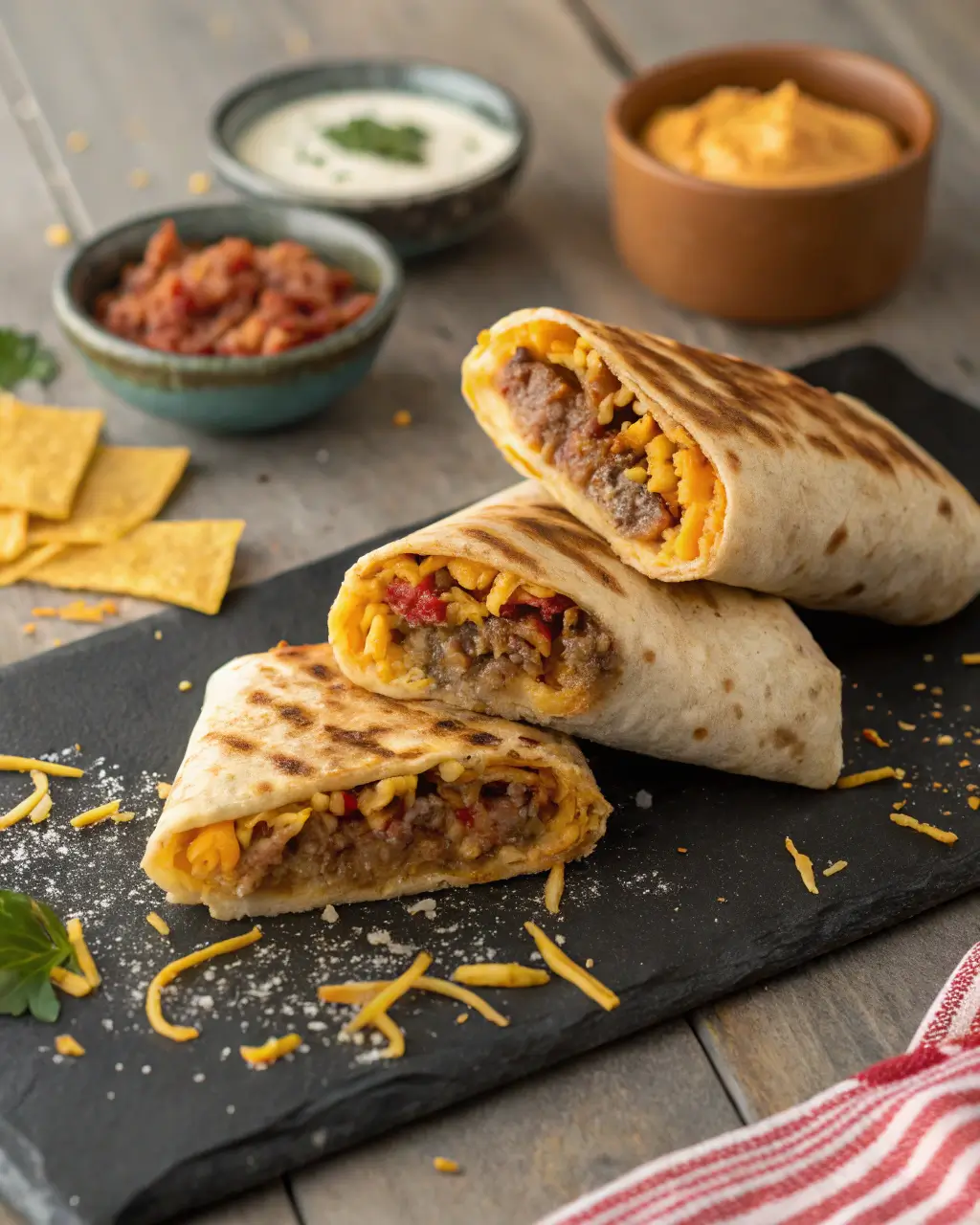 Sliced grilled cheese burrito filled with seasoned beef and melted cheddar on a slate board.