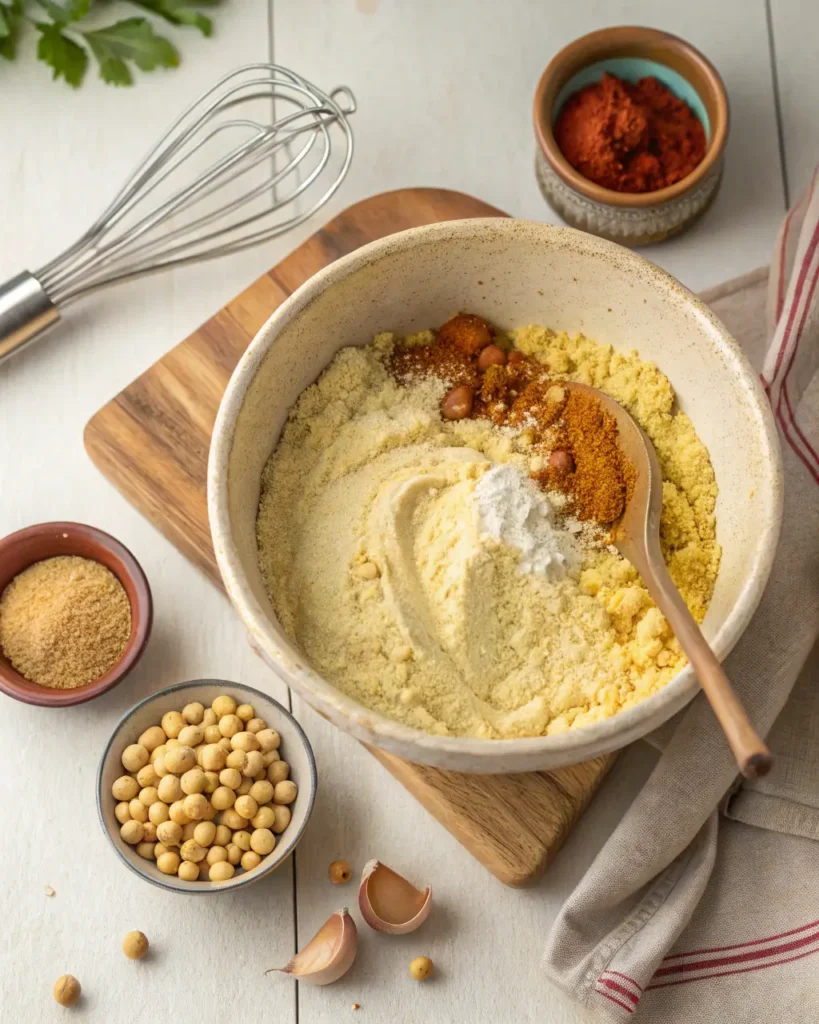 Chickpea flour and spices mixed in a bowl with seasonings and ingredients around it.