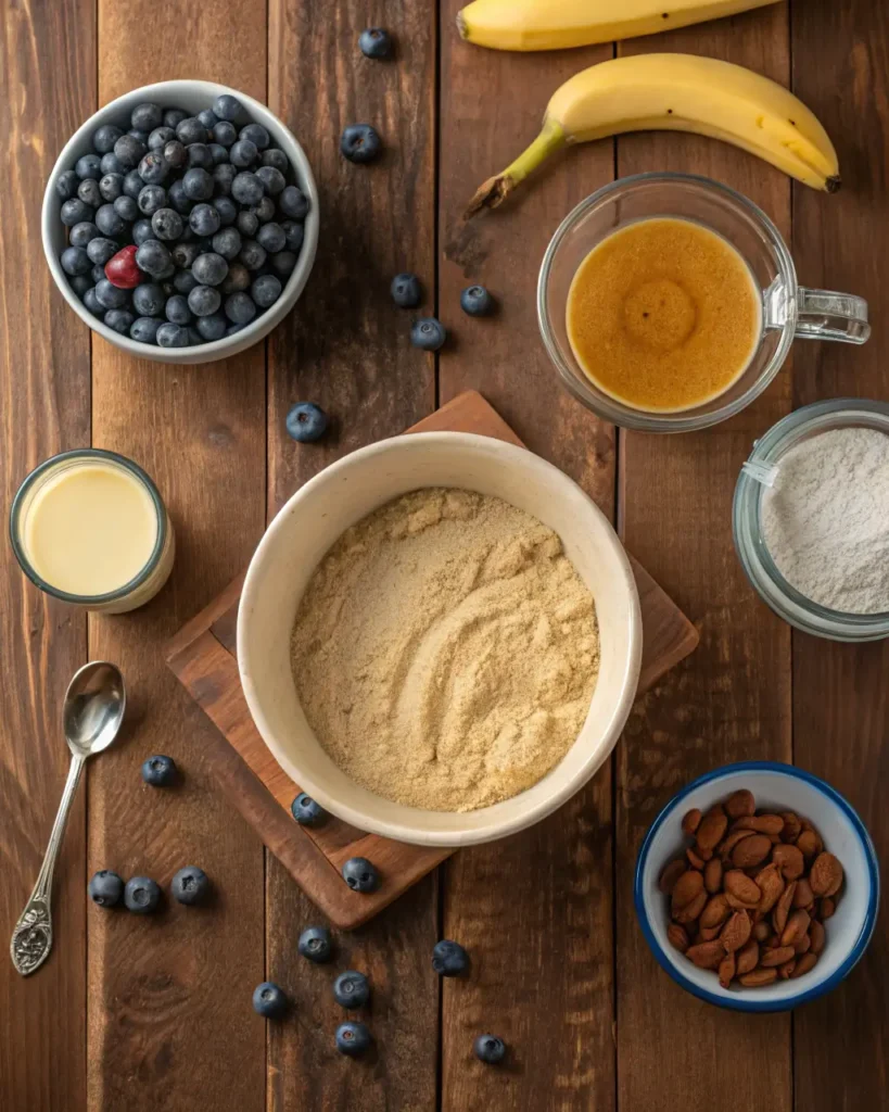 Various muffin ingredients, including bananas, blueberries, and pancake mix, arranged on a wooden table.