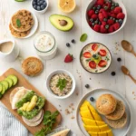 Assorted healthy breakfast items with avocado, berries, yogurt, and egg sandwiches.