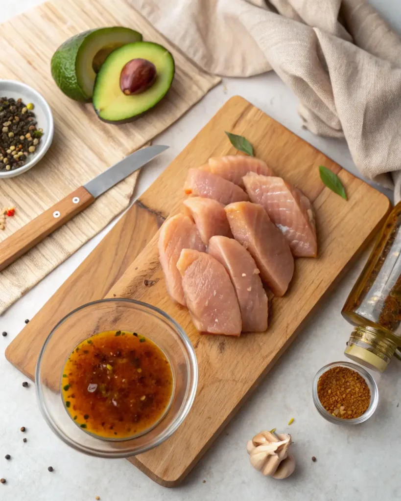 Raw chicken strips next to a bowl of marinade, spices, avocado, and garlic on a prep board.