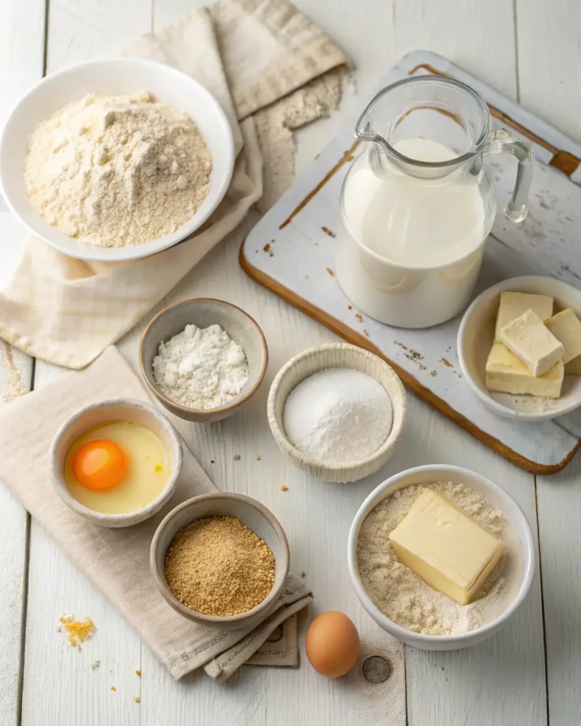 Baking ingredients for gipfeli neatly arranged on a white wooden surface.
