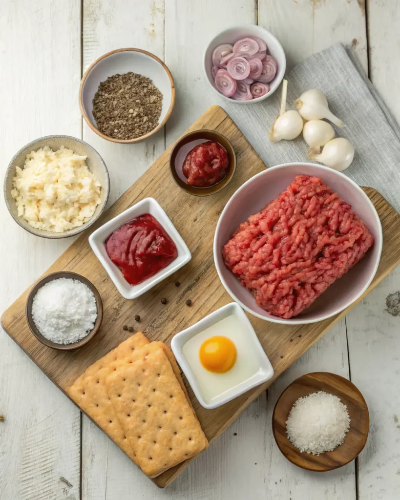 Raw meatloaf ingredients including ground beef, egg, crackers, and seasonings on a wooden board.