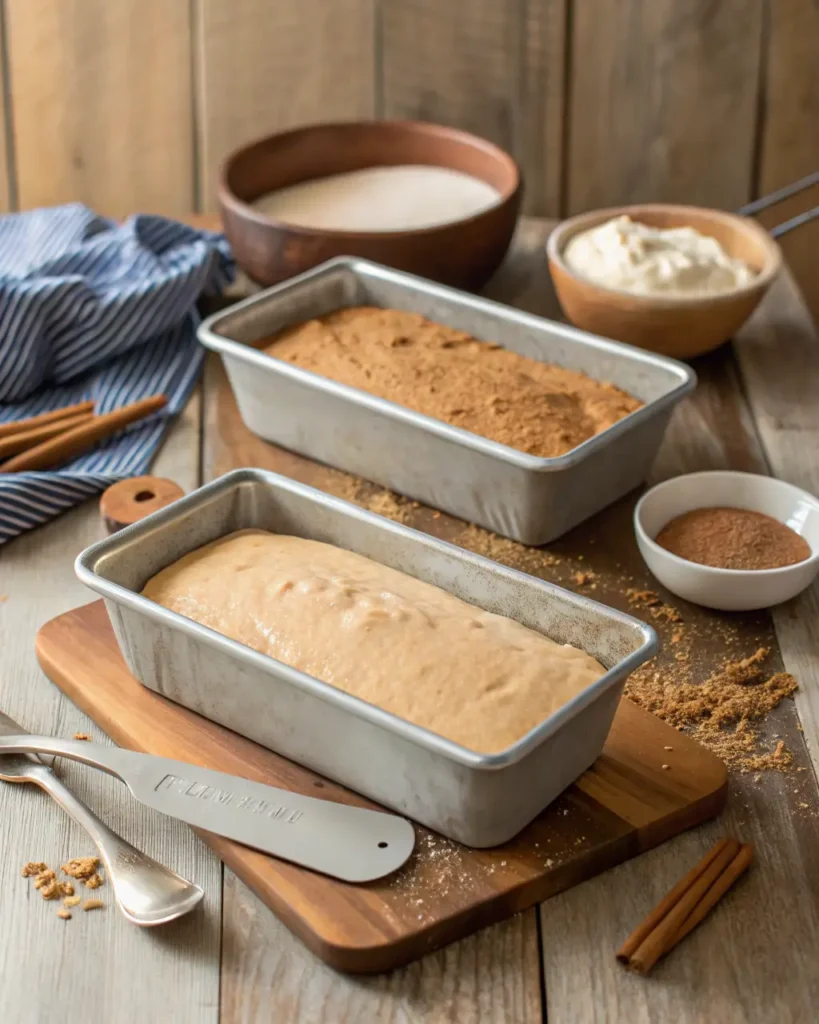 Two loaf pans filled with Amish cinnamon bread—one baked, one with raw batter.